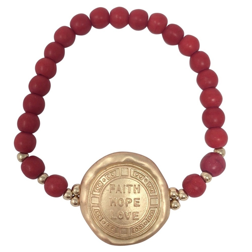 FAITH HOPE LOVE Disk Red Stone Stretch Bracelet